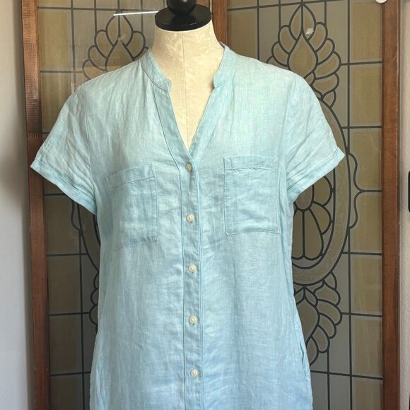 Pure Navy Linen Teal Button Down Midi Shirt Dress Pockets Beachy Coastal Size S - Picture 5 of 14